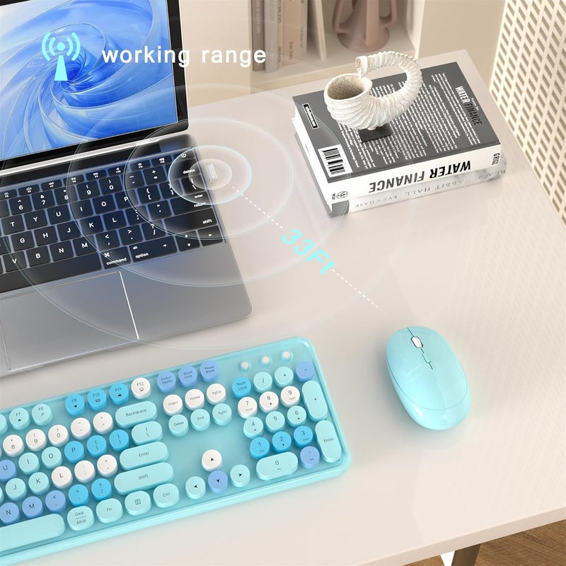 MPTOG Colorful Wireless Computer Keyboard and Mouse Combo with Round Typewriter Keycaps, Retro Design, Power Switch, Ergonomic Design, 2.4GHz Wireless for Windows, Mac, PC (Blue-Colorful) - Image 4